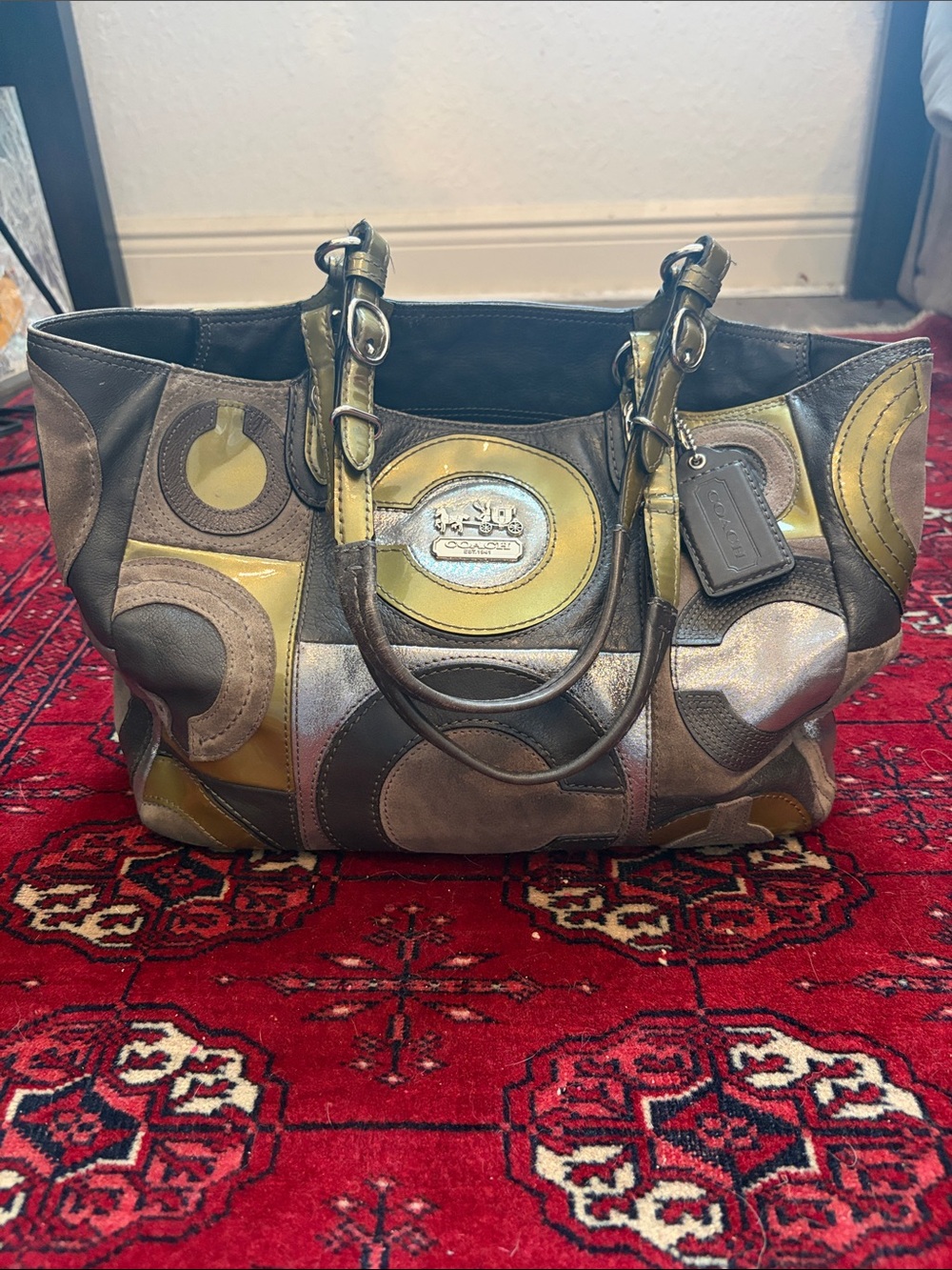 Coach Y2K vintage metallic/suede Multi Patchwork signature C Leather Tote